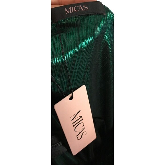 Micas Dress Women’s Size Large Green Metallic Ruched Spaghetti Strap Midi - Picture 6 of 7